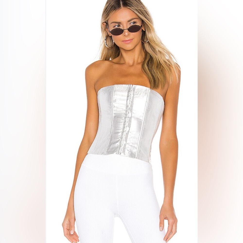 DANIELLE GUIZIO X REVOLVE Lace Up Back Corset Top in Silver